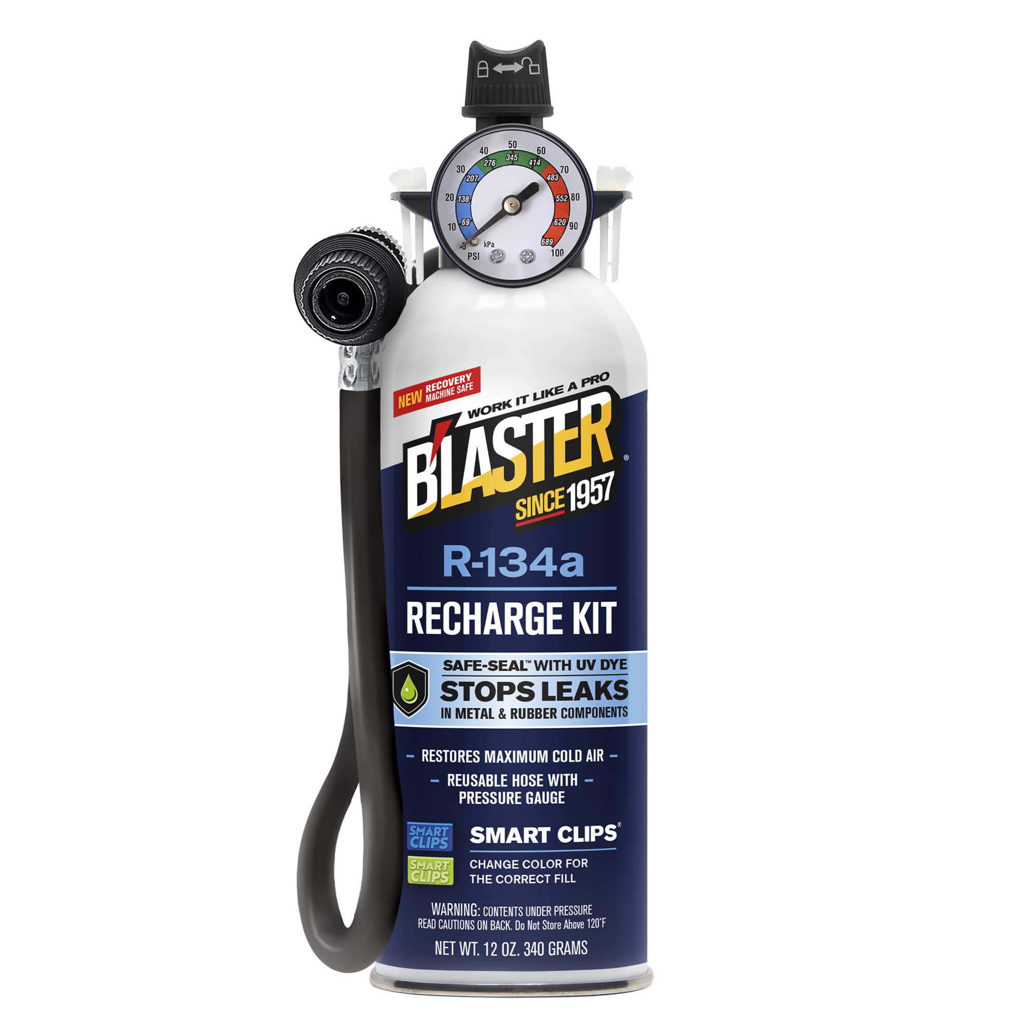 B'laster 12-Oz. R-134a Refrigerant Kit with Stop Leak and UV Dye, Analog Gauge, Safe Seal Leak Stopper, Model# BLA110A